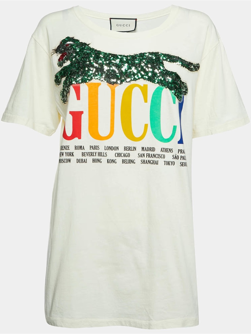 Gucci Cream City Logo Print Cotton Sequin Tiger Applique Detail T-Shirt S